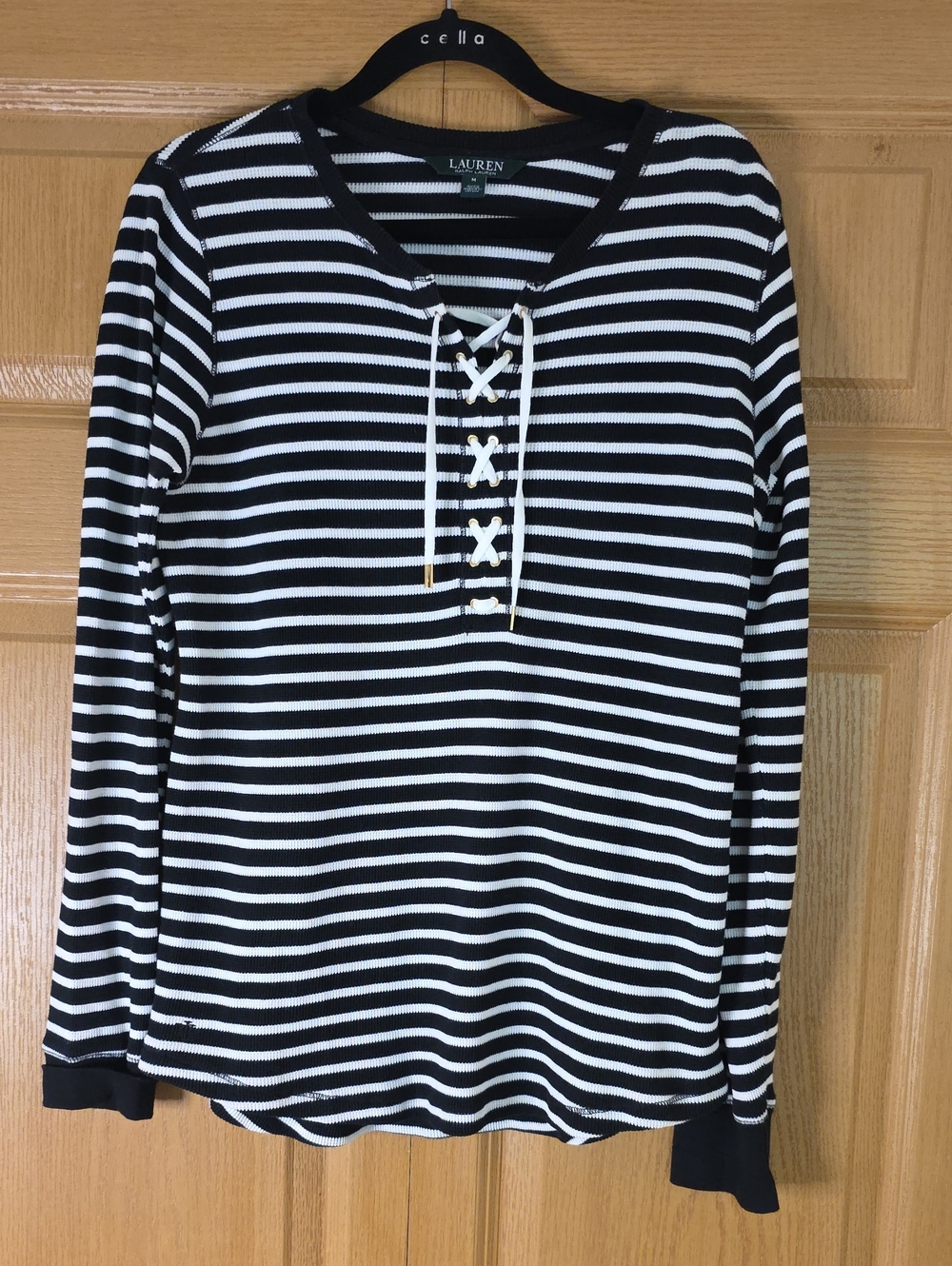 LAUREN Ralph Lauren Navy White Striped Lace-Up Long Sleeve Tee Med NWOT